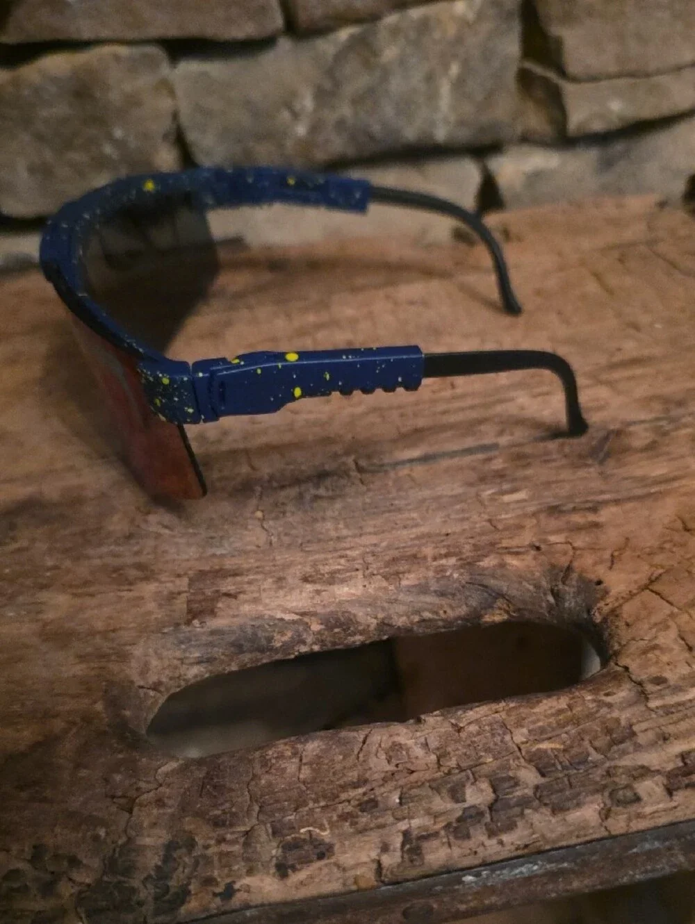 Pit Viper Blue Mirrored Shield Sunglasses with Yellow Splatter